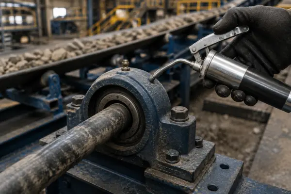 Grasim i një kushinete suporti në transportier industrial